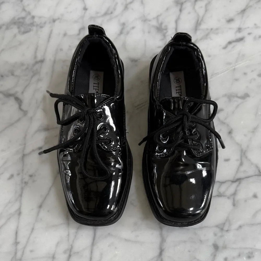 Tip Top Boys Lincoln Patent Leather Black Lace-Up Square Toe Shoes Sz 10 Toddler